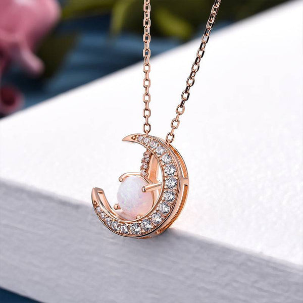 Louily Rose Gold Moon Design Opal Pendant Necklace In Sterling Silver