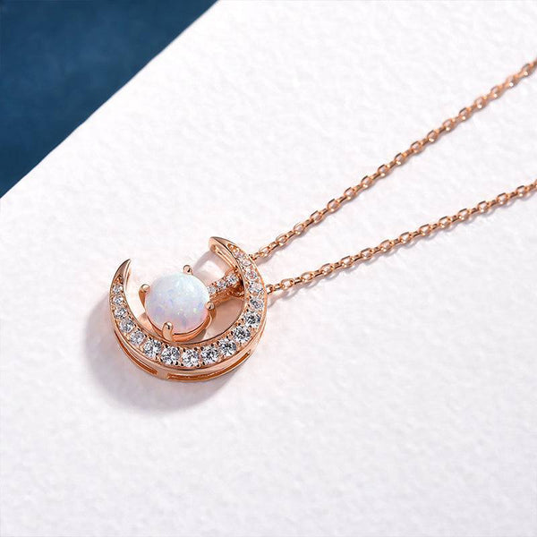 Louily Rose Gold Moon Design Opal Pendant Necklace In Sterling Silver