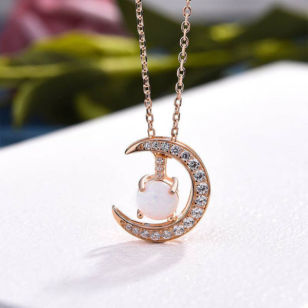 Louily Rose Gold Moon Design Opal Pendant Necklace In Sterling Silver