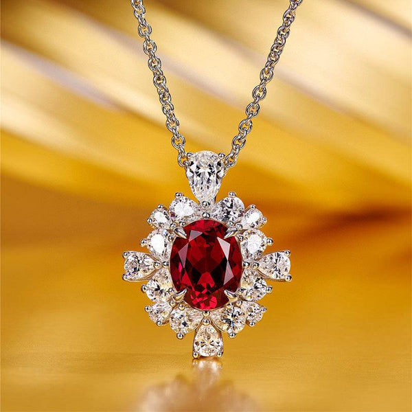 2.5 Carat Halo Ruby Oval Cut Pendant with Necklace In Sterling Silver