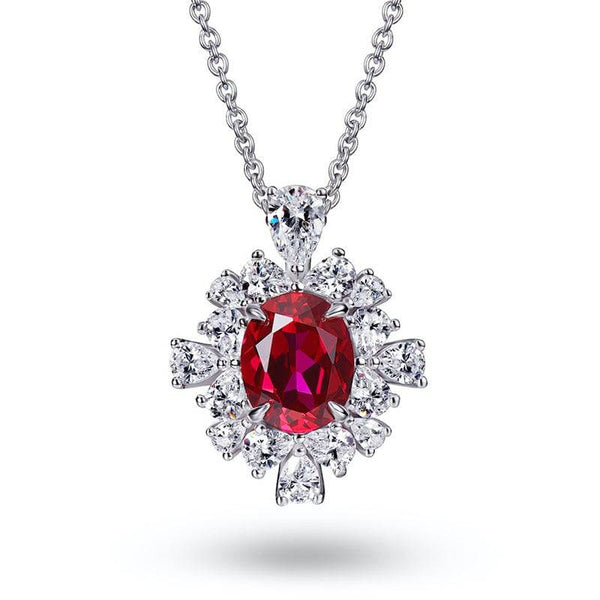 2.5 Carat Halo Ruby Oval Cut Pendant with Necklace In Sterling Silver