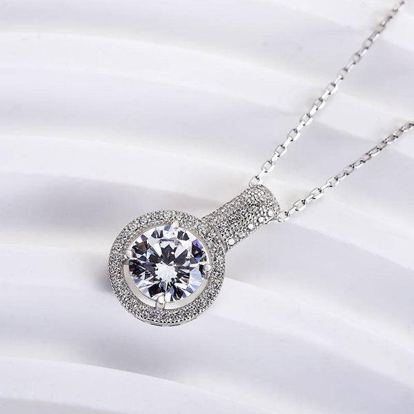 Halo White Gold Classic Round Cut Women's Pendant Necklace In Sterling Silver