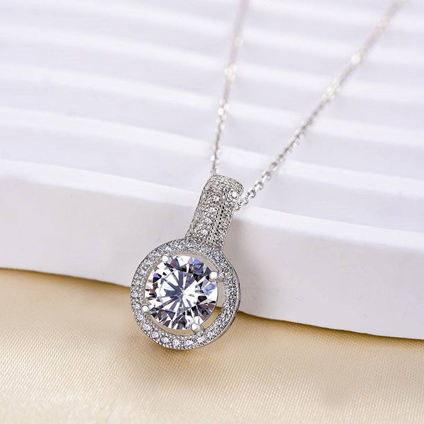 Halo White Gold Classic Round Cut Women's Pendant Necklace In Sterling Silver