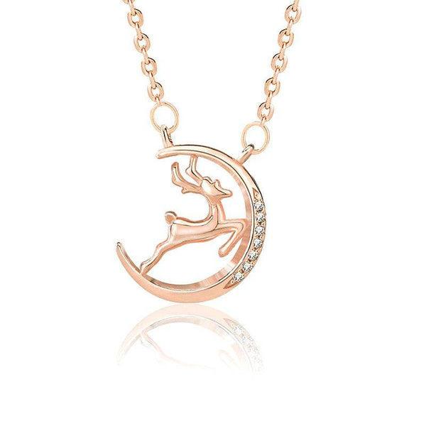 Louily Christmas Gift Reindeer & Moon Design Round Cut Necklace In Sterling Silver