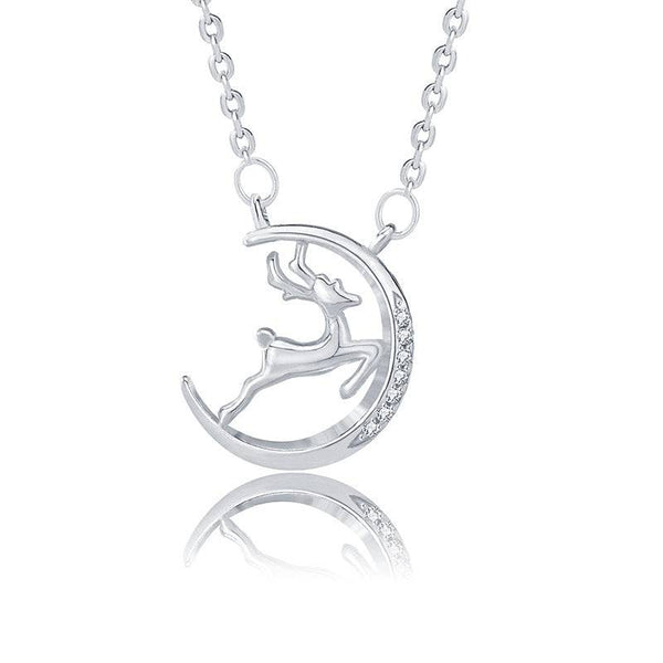 Louily Christmas Gift Reindeer & Moon Design Round Cut Necklace In Sterling Silver