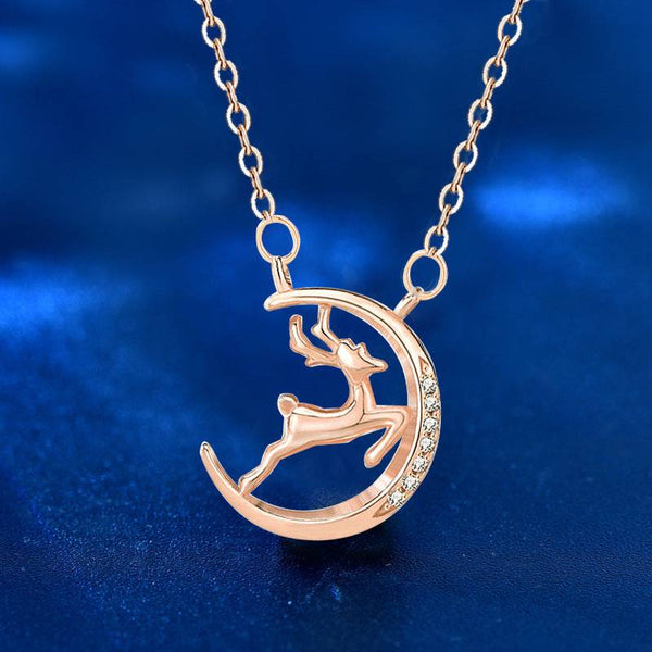 Louily Christmas Gift Reindeer & Moon Design Round Cut Necklace In Sterling Silver