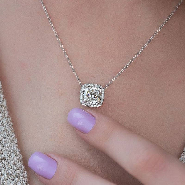 Louily Elegant Halo Cushion Cut Pendant Necklace