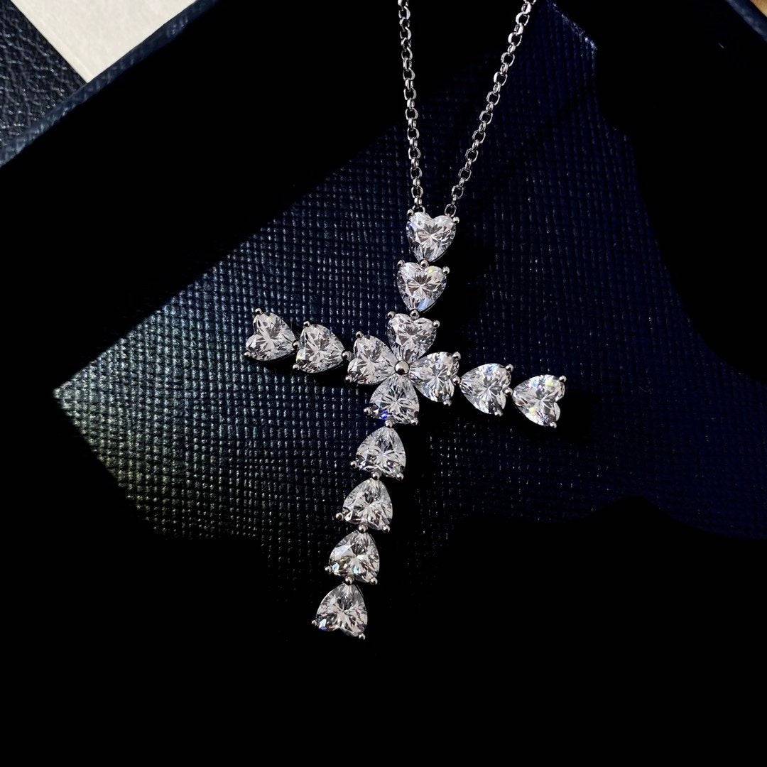Louily Fashion Heart Cut Cross Design Pendant Necklace In Sterling Silver - louilyjewelry