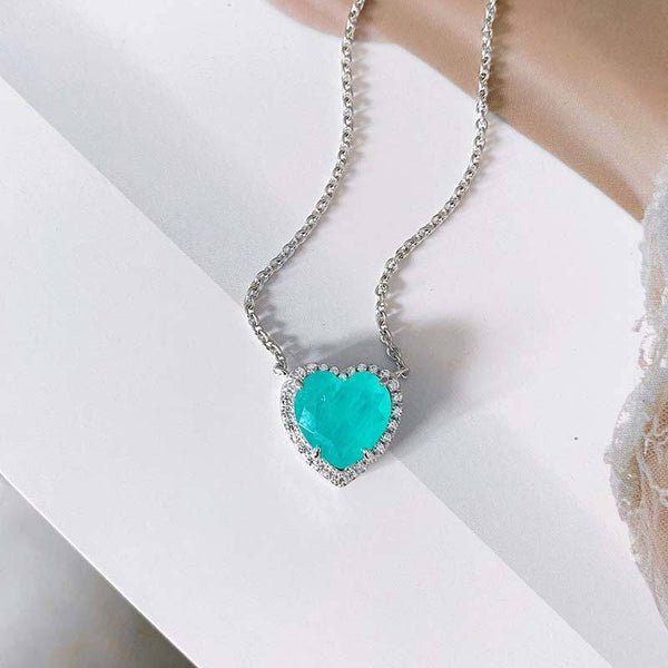 Louily Halo Heart Cut Aquamarine Blue Necklace For Women In Sterling Silver