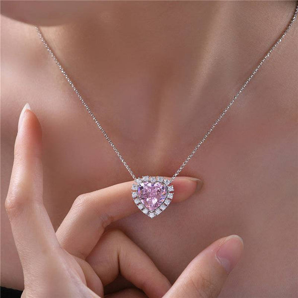 Louily Halo Heart Cut Pink Sapphire Necklace In Sterling Silver