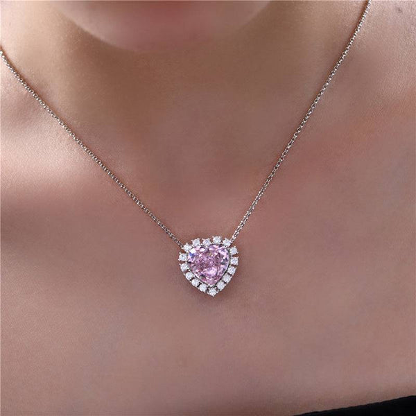 Louily Halo Heart Cut Pink Sapphire Necklace In Sterling Silver