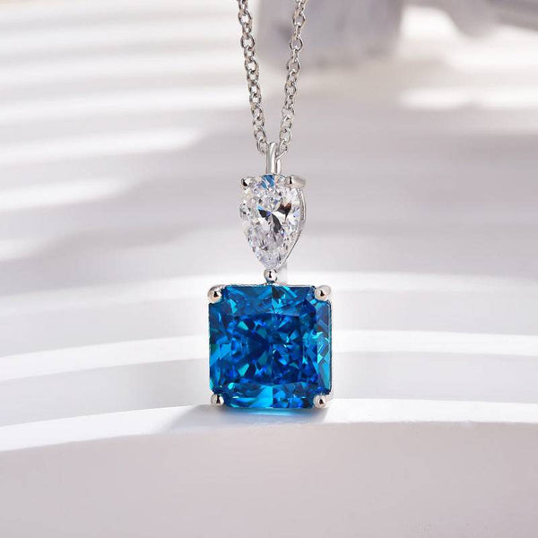 Louily Honorable Radiant Cut Blue Sapphire Necklace In Sterling Silver