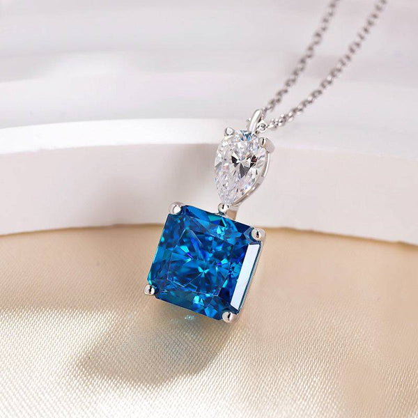 Louily Honorable Radiant Cut Blue Sapphire Necklace In Sterling Silver