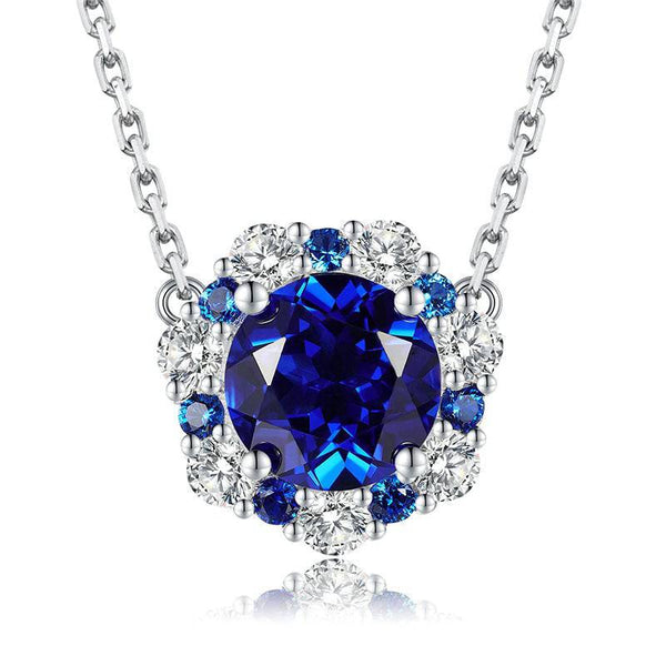 Louily Vintage Halo Round Cut Blue Sapphire Women's Pendant Necklace In Sterling Silver