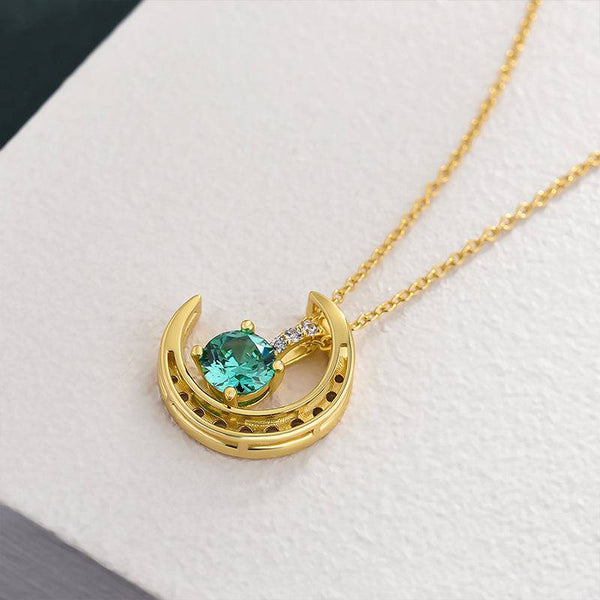 Louily Yellow Gold Moon Design Round Cut Paraiba Tourmaline Pendant Necklace In Sterling Silver