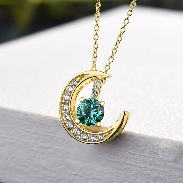 Louily Yellow Gold Moon Design Round Cut Paraiba Tourmaline Pendant Necklace In Sterling Silver