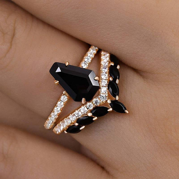 Louily Attractive Rose Gold Coffin Cut Wedding Ring Set