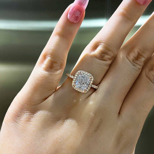 Louily Classic Rose Gold Halo Radiant Cut Engagement Ring In Sterling Silver