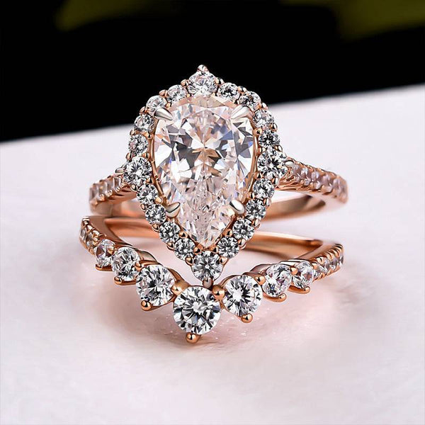 Louily Elegant Rose Gold 2.2 Carat Halo Pear Cut Bridal Ring Set In Sterling Silver