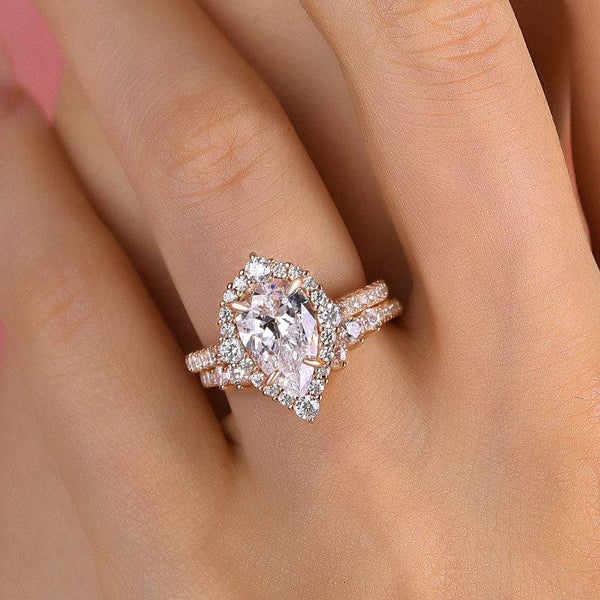 Louily Elegant Rose Gold 2.2 Carat Halo Pear Cut Bridal Ring Set In Sterling Silver