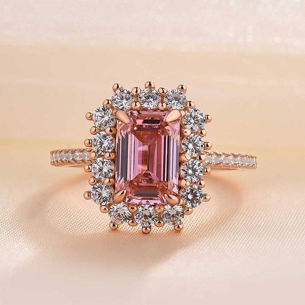 Louily Elegant Rose Gold Halo Emerald Cut Padparadscha Engagement Ring In Sterling Silver