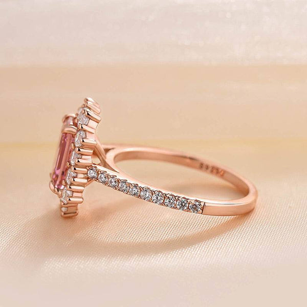 Louily Elegant Rose Gold Halo Emerald Cut Padparadscha Engagement Ring In Sterling Silver