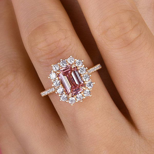 Louily Elegant Rose Gold Halo Emerald Cut Padparadscha Engagement Ring In Sterling Silver