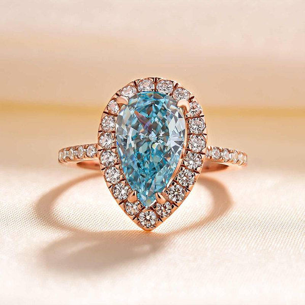 Louily Elegant Rose Gold Halo Pear Cut Cyan Blue Wedding Ring Set In Sterling Silver