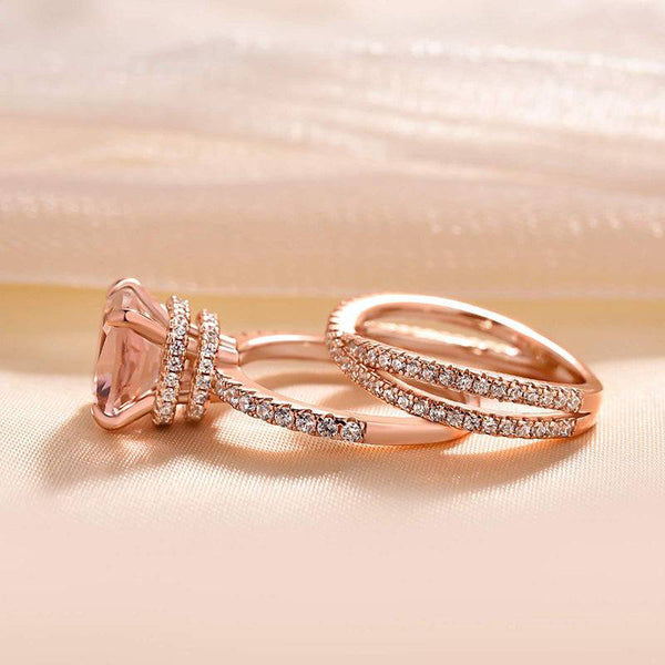 Louily Elegant Rose Gold Hidden Halo Morganite Pink Cushion Cut Wedding Set In Sterling Silver