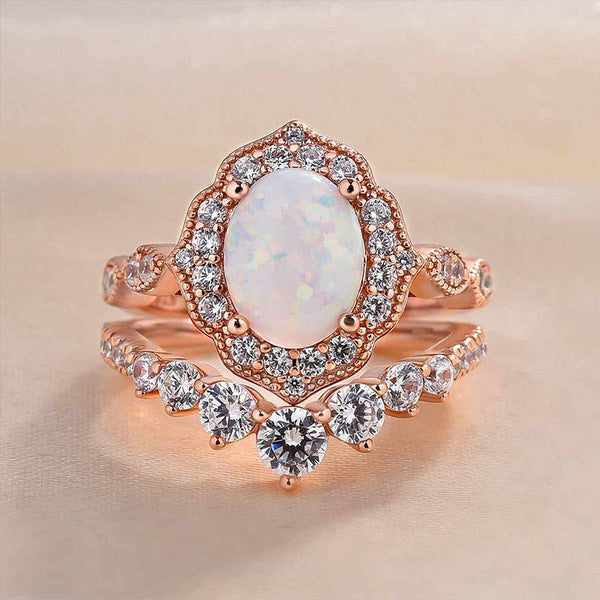 Louily Elegant Rose Gold Oval Cut Opal Wedding Set In Sterling Silver