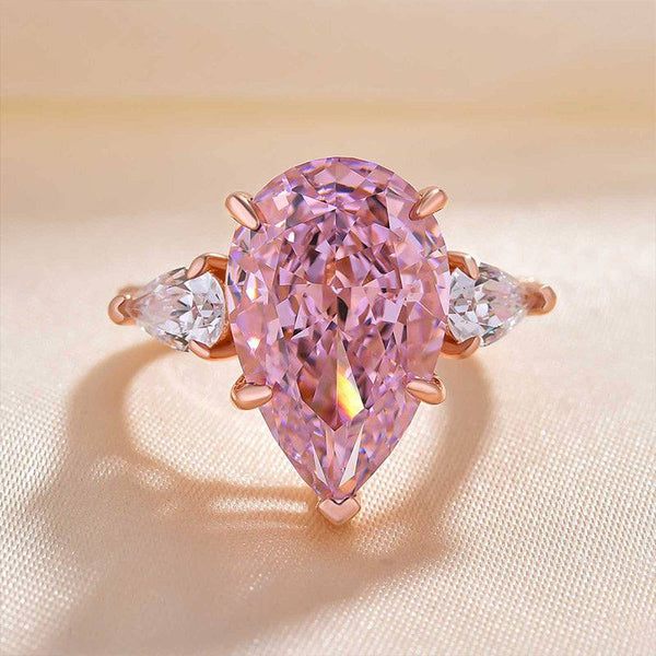 Louily Elegant Rose Gold Pear Cut Pink Sapphire Three Stone Engagement Ring In Sterling Silver