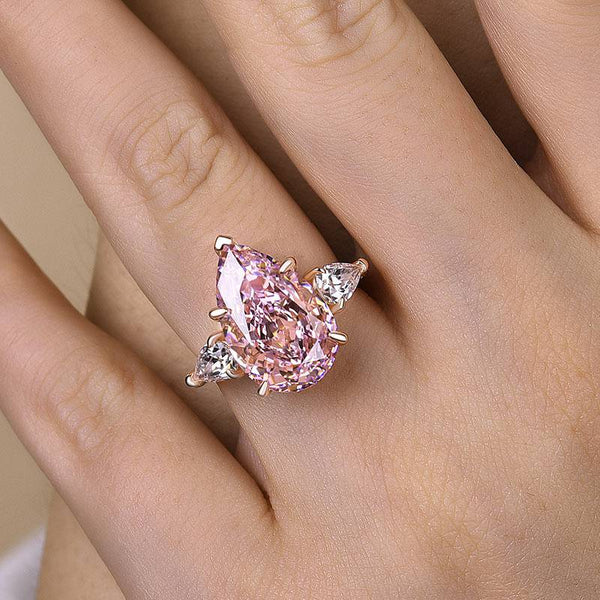 Louily Elegant Rose Gold Pear Cut Pink Sapphire Three Stone Engagement Ring In Sterling Silver