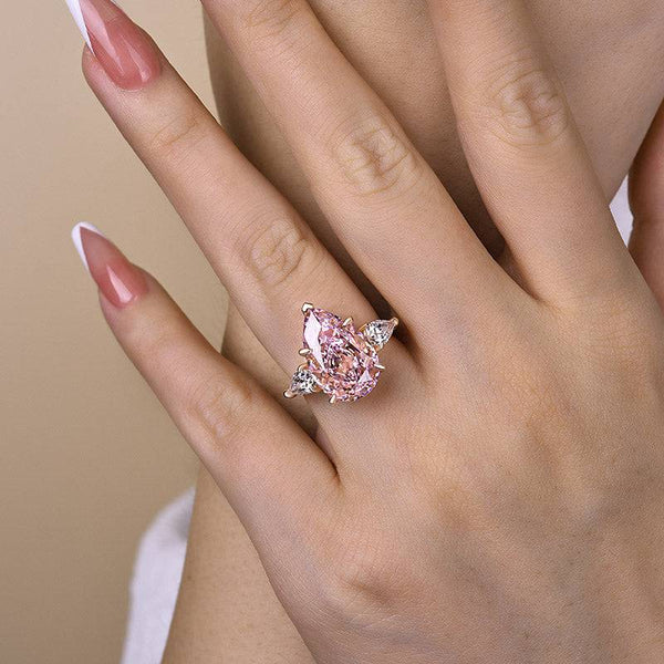 Louily Elegant Rose Gold Pear Cut Pink Sapphire Three Stone Engagement Ring In Sterling Silver