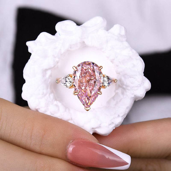 Louily Elegant Rose Gold Pear Cut Pink Sapphire Three Stone Engagement Ring In Sterling Silver