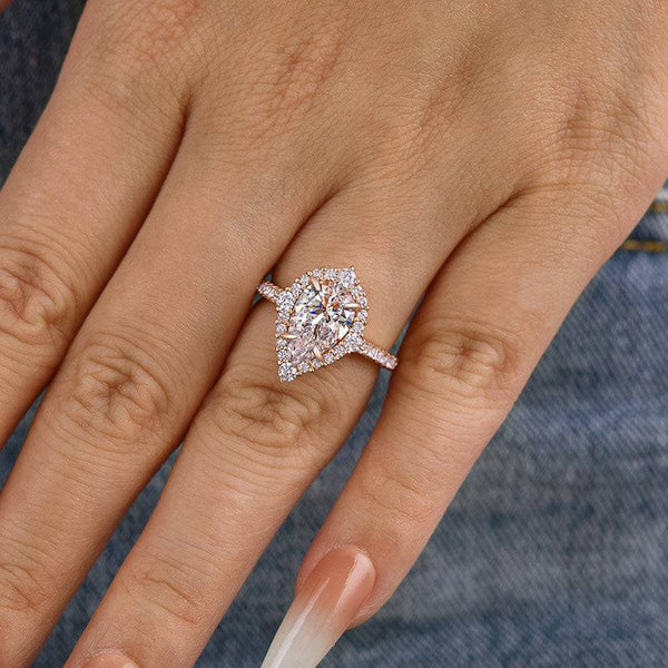 Louily Exquisite 2.2 Carat Halo Pear Cut Rose Gold Engagement Ring In Sterling Silver