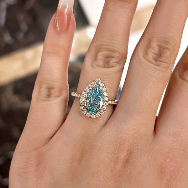 Louily Exquisite Rose Gold Halo Pear Cut Cyan Blue Engagement Ring In Sterling Silver