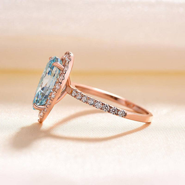 Louily Exquisite Rose Gold Halo Pear Cut Cyan Blue Engagement Ring In Sterling Silver