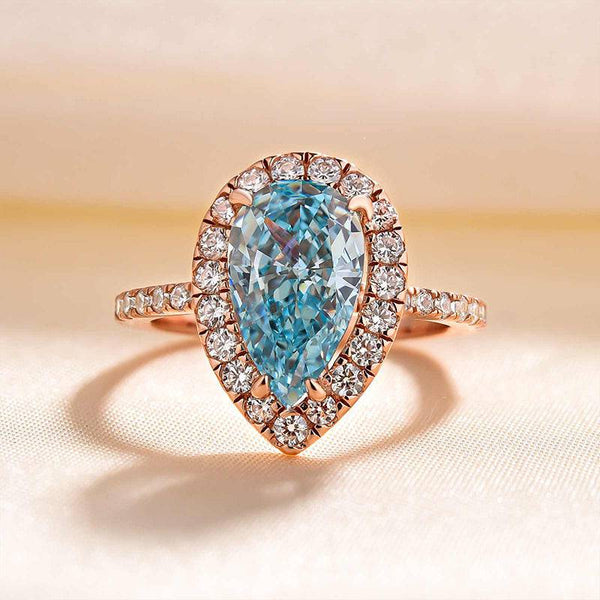 Louily Exquisite Rose Gold Halo Pear Cut Cyan Blue Engagement Ring In Sterling Silver