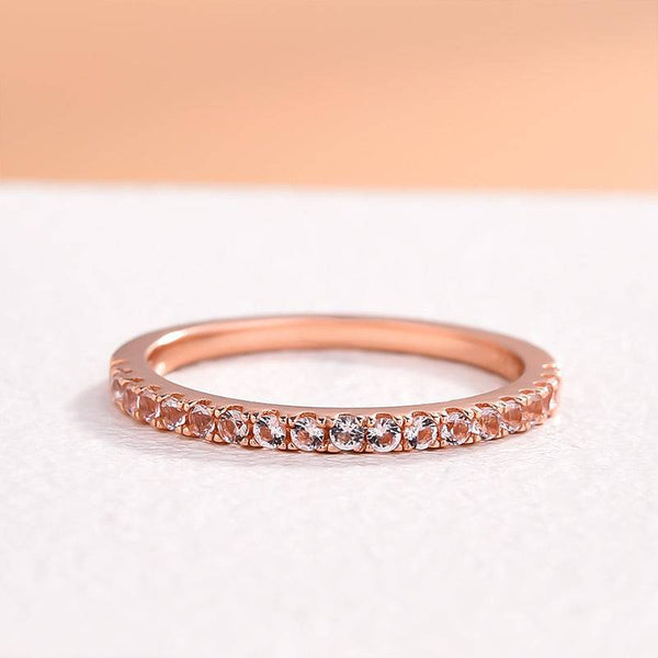 Louily Half Eternity Rose Gold Peachy Pink Stone Women's Wedding Band In Sterling Silver