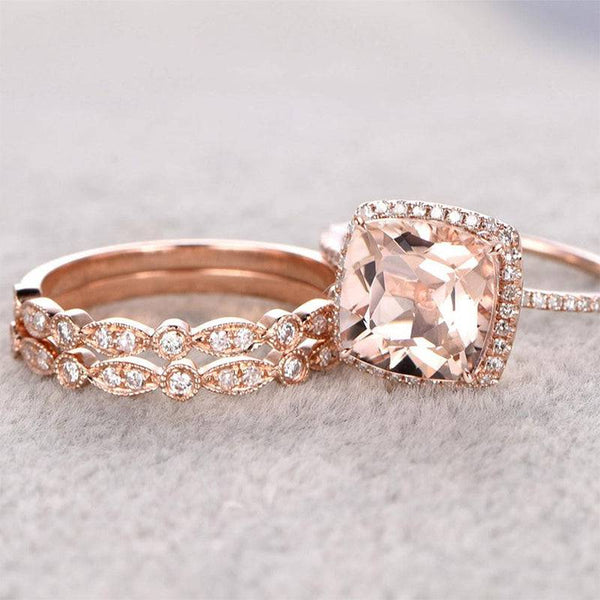 Louily Halo Cushion Cut Synthetic Morganite 3PC Wedding Ring Set