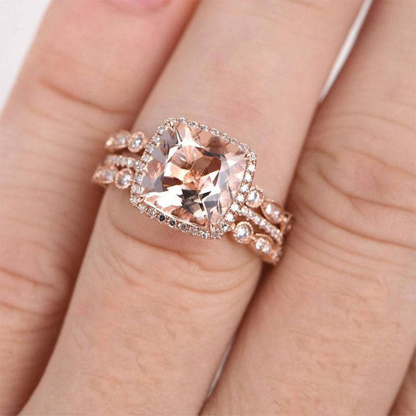 Louily Halo Cushion Cut Synthetic Morganite 3PC Wedding Ring Set