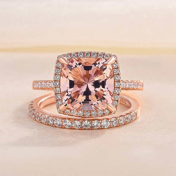 Louily Halo Cushion Cut Synthetic Morganite Wedding Ring Set In Sterling Silver