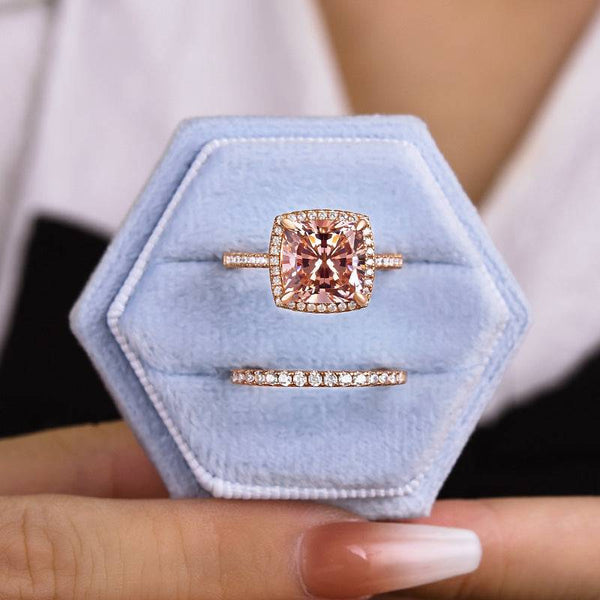 Louily Halo Cushion Cut Synthetic Morganite Wedding Ring Set In Sterling Silver