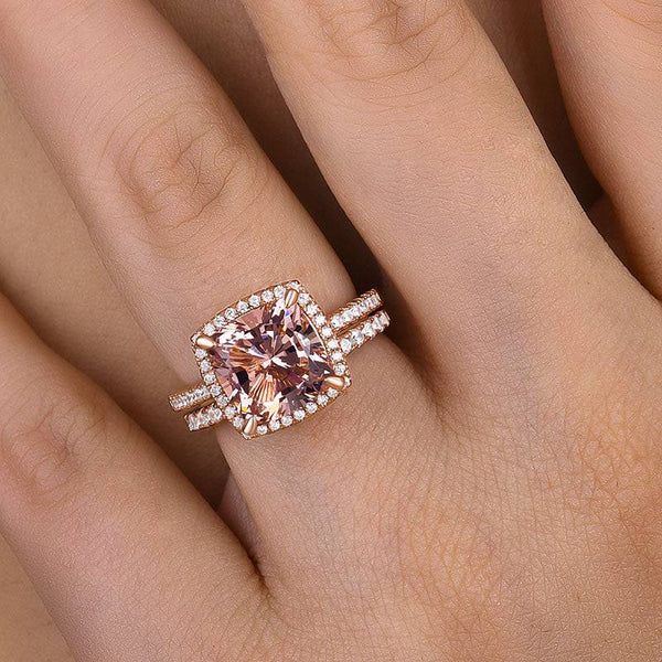 Louily Halo Cushion Cut Synthetic Morganite Wedding Ring Set In Sterling Silver