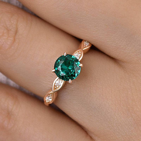 Louily Rose Gold 1.0 Carat Emerald Green Round Cut Promise Ring In Sterling Silver
