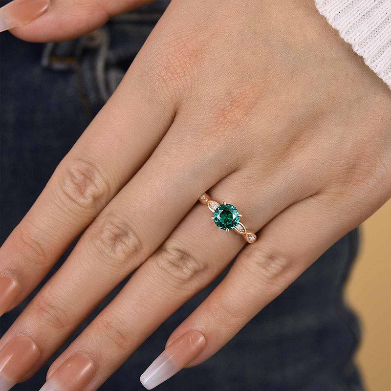Louily Rose Gold 1.0 Carat Emerald Green Round Cut Promise Ring In Sterling Silver - louilyjewelry
