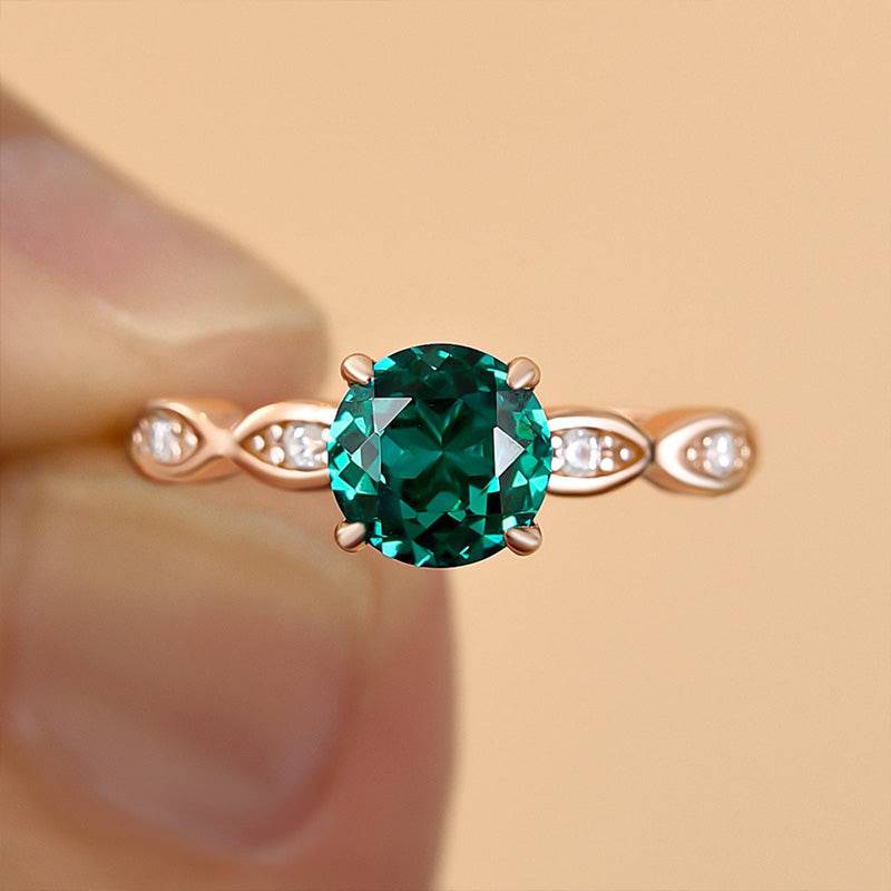 Louily Rose Gold 1.0 Carat Emerald Green Round Cut Promise Ring In Sterling Silver - louilyjewelry
