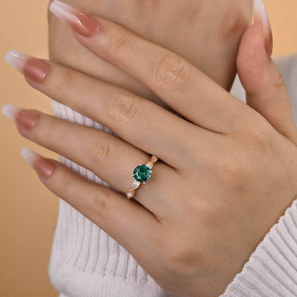 Louily Rose Gold 1.0 Carat Emerald Green Round Cut Promise Ring In Sterling Silver