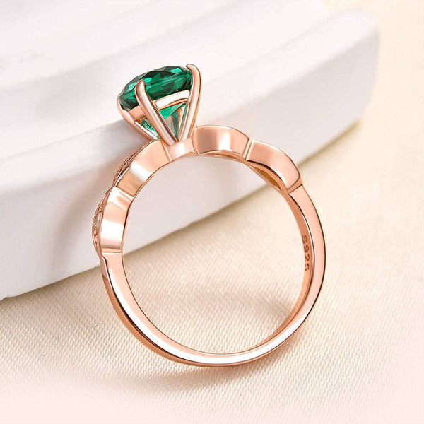 Louily Rose Gold 1.0 Carat Emerald Green Round Cut Promise Ring In Sterling Silver