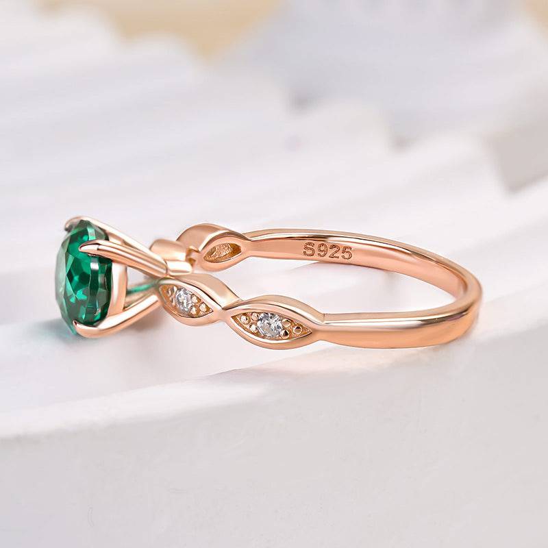 Louily Rose Gold 1.0 Carat Emerald Green Round Cut Promise Ring In Sterling Silver - louilyjewelry